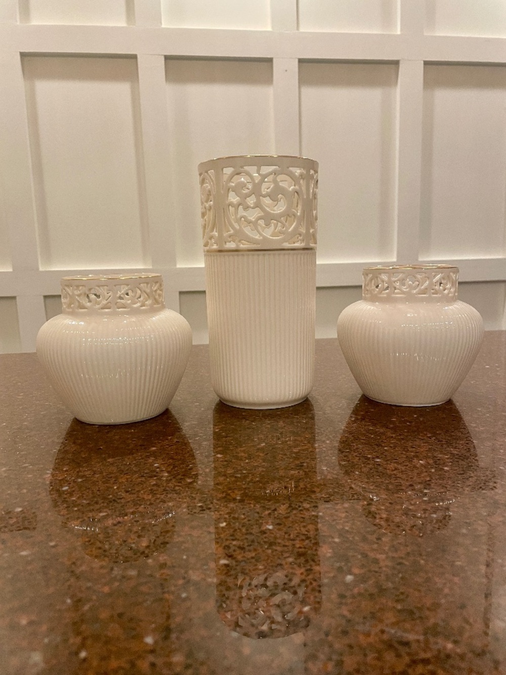 Lenox set of 3 Tracery Vases - Pierced Accents -EUC